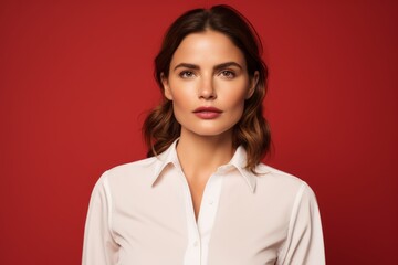 Portrait of beautiful young woman in white shirt on red background.