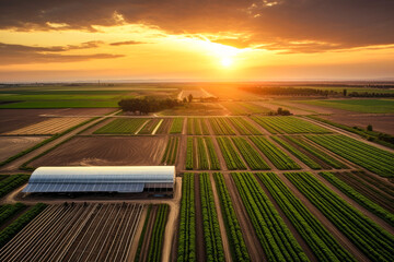 sun sets over a peaceful farm, casting a warm glow over the fields and crops