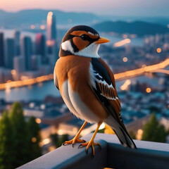 Pájaro posado en una barandilla sobre una ciudad  - obrazy, fototapety, plakaty