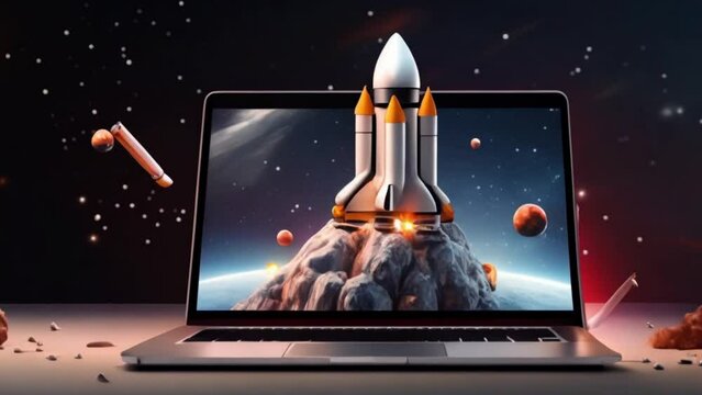 digital marketing Launching Space Rocket From Laptop Screen.