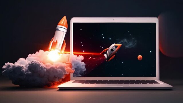 digital marketing Launching Space Rocket From Laptop Screen.