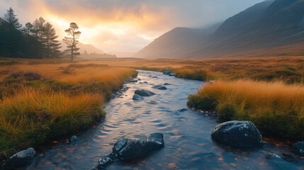 Mountain River Sunrise with Reflective Beauty: A serene landscape featuring mountains, a flowing river, and a captivating sunrise, surrounded by nature's lush greenery and a picturesque sky