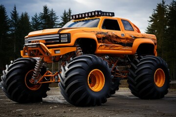 Monster truck giant orange fire. Rider auto jump car design. Generate Ai