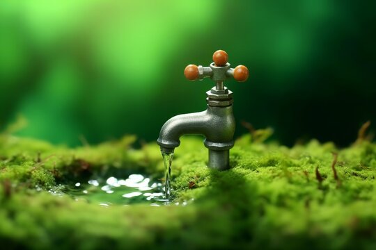 world water day open faucet on natural green, Generative ai