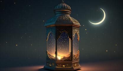 mosque in the night, Ornamental Arabic lantern with crescent moon - Ramadan Kareem - obrazy, fototapety, plakaty