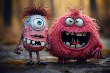 Obraz premium Monsters cute funny friends. Doll color. Generate Ai