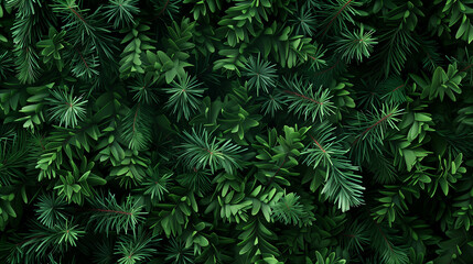 A close-up winter fir branch, view of lush coniferous needles and other green leaves, showing intricate patterns and textures. Christmas concept, background, backdrop, banner, copy space.
