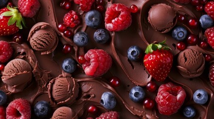 Chocolate ice cream with fruits and berries. Chocolate ice cream background