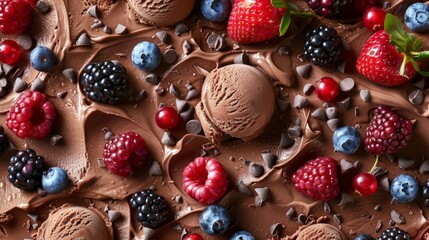 Chocolate ice cream with fruits and berries. Chocolate ice cream background