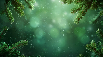 Detailed close-up view of a pine tree branch, showcasing its texture and needles. Space for text. Christmas concept, frame, backdrop, border. Snowflakes on background.
