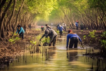Group of volunteers planting mangrove forests, Generative ai