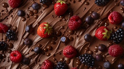 Chocolate ice cream with fruits and berries. Chocolate ice cream background