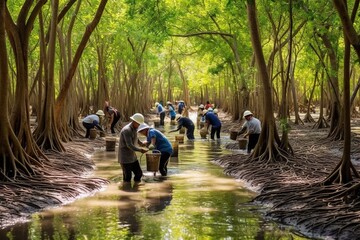 Group of volunteers planting mangrove forests, Generative ai - obrazy, fototapety, plakaty