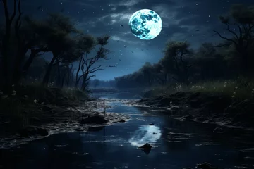 Foto auf Acrylglas Vollmond und Bäume Moon night river. Nature landscape. Generate Ai