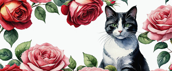 Cute cat with black patterns isolated on a white background. Decorated with a border of blooming roses. Watercolor style cat illustration.