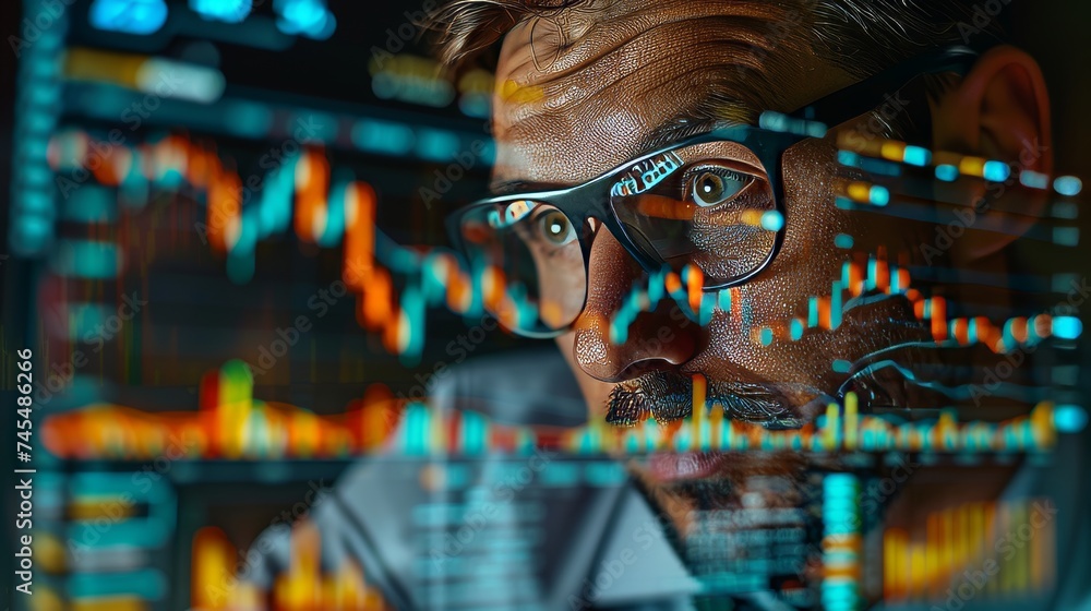 Poster a skilled stock investor is focused on looking at the stock development graph on his computer screen