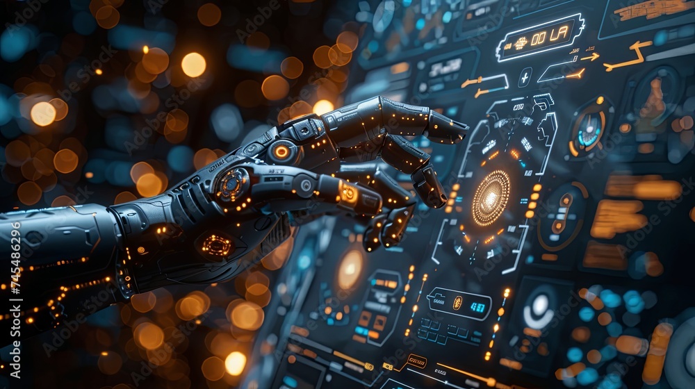 Poster robot hands from the future will touch touch screens, bionic robot hands resulting from artificial i