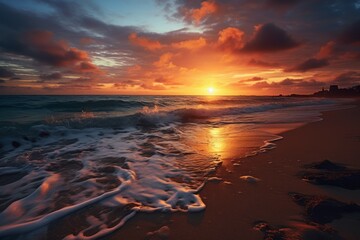 Morning beach sunrise. Bright coastline. Generate Ai