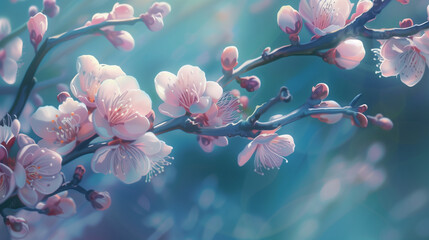 A branch filled with vibrant pink flowers depicted in a painting, springtime, new growth. Easter theme. Backdrop.