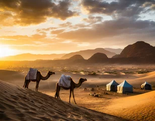 Fotobehang A desert landscape with camels and tents © Muhammad