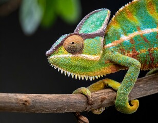 A dynaDepict a chameleon clinging to a branch, its skin blending seamlessly