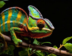 A dynaDepict a chameleon clinging to a branch, its skin blending seamlessly