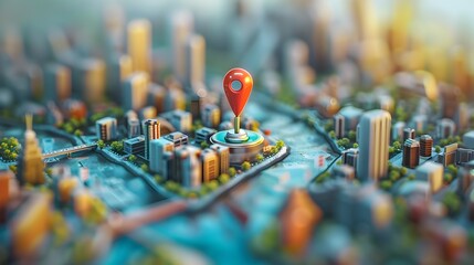 3D Map Pin and City with Bold Colors - Geo Business Concept