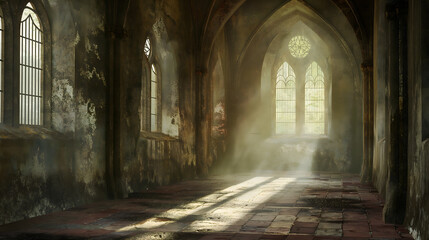 Fototapeta na wymiar Sunrays Illuminating an Abandoned Gothic Chapel