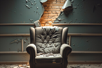 An old chair in an abandoned apartment with a crumbling wall, pieces of plaster, a hole in the wall and dust everywhere