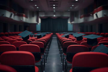 Naklejka premium Graduation Caps Laid on Red Theater Chairs