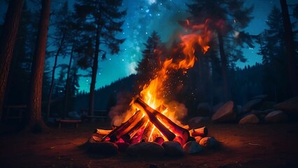 campfire in the forest, night sky with stares landscape background  - obrazy, fototapety, plakaty