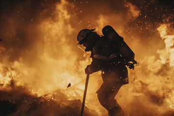 Fototapeta premium Brave Firefighter Battling Raging Inferno