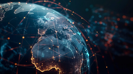 Global Network Connectivity Illustrated on Digital Earth ,Digital visualization of Earth showcasing international connectivity and data exchange