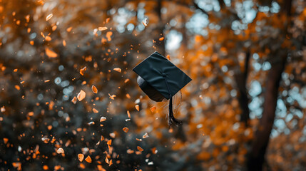 Celebratory Toss of a Graduation Cap Among Autumn Leaves