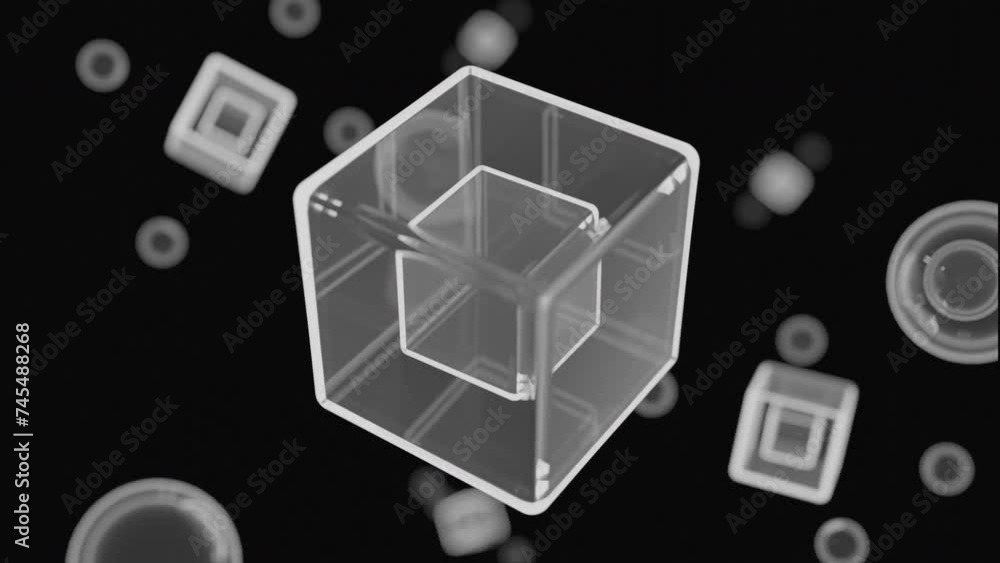 Poster abstract monochrome 3d cubes and bubbles. design. geometric background with flying and rotating shap