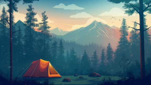 beautiful scenery with camping tent. camping adventure in the wilderness tent in the forest. seamless looping overlay 4k virtual video animation background 