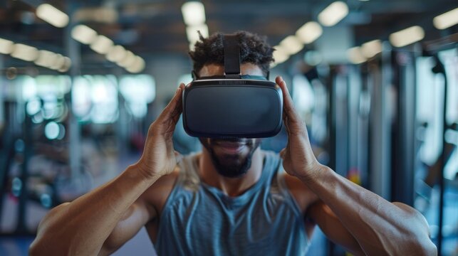 African american man wear VR glasses in the gym while exercise