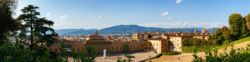Panorama view of Palazzo Pitti from Boboli Garden in Florence with Cathedral of Santa Maria del...