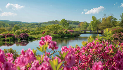 A colorful garden with blooming pink flowers, a calm pond, and a bridge in a sunny, serene setting