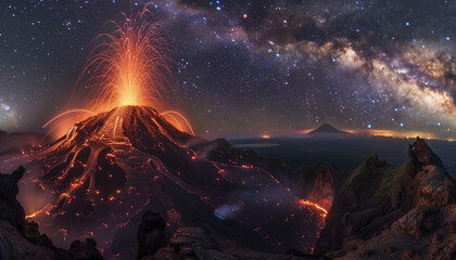 A volcano erupts under a starry sky with the Milky Way visible in the background