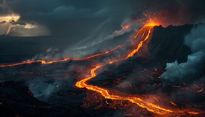 A volcano violently erupts at night, sending rivers of lava down its slopes under a dark, clouded sky