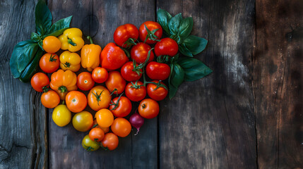 Assorted Fresh Tomatoes and Basil on Rustic Wooden Surface