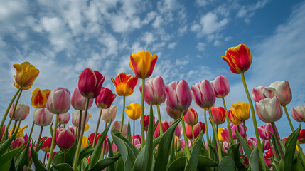 Fototapeta premium Vibrant Tulip Field Against Blue Sky