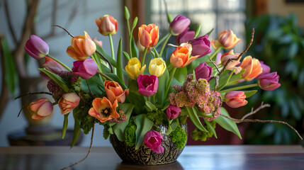 Vibrant Tulip Arrangement in Ornate Vase