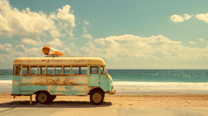 Vintage Bus on a Sunny Beach