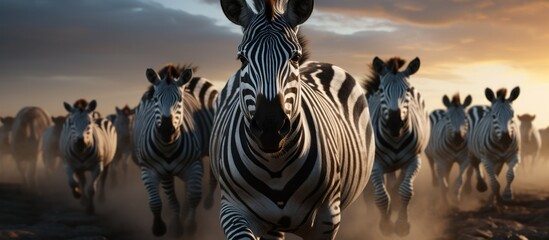 Herd of zebras at sunset.