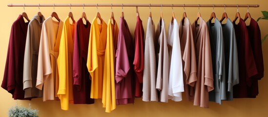 Rack with different stylish clothes hanging on yellow wall, closeup