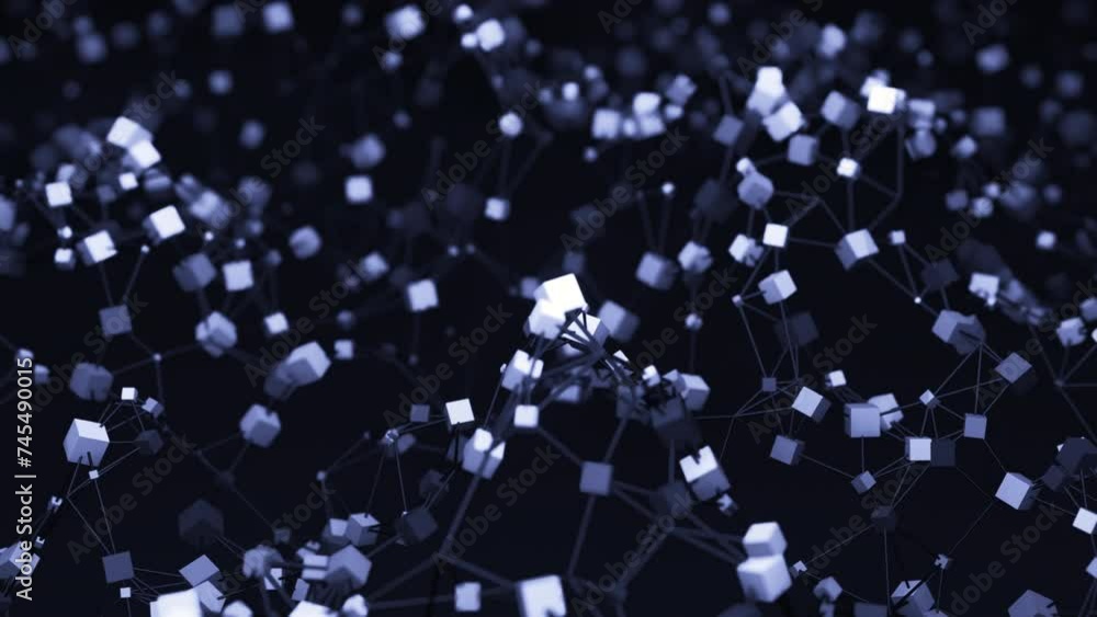 Poster abstract connected lines and cubes in wavy motion. design. up and down levitating 3d particles.