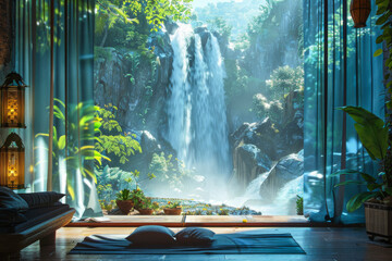 living room with a large window showcasing a view of a waterfall surrounded by lush 