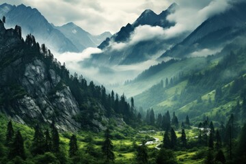 Majestic Mountain green landscape. Green water travel. Generate Ai - obrazy, fototapety, plakaty
